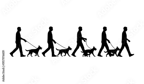 Man walking dog silhouette sequence black human and pet movement lineup vector isolated on white