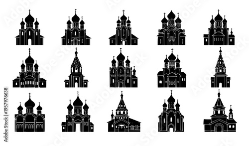 Orthodox church silhouettes set diverse architectural styles domes and crosses black vector collection isolated on white background