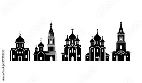 Orthodox church silhouette lineup cathedral domes and religious architecture icons vector isolated on white