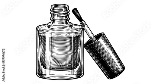 Nail polish bottle brush vector engraving style on white isolated background for manicure branding design
