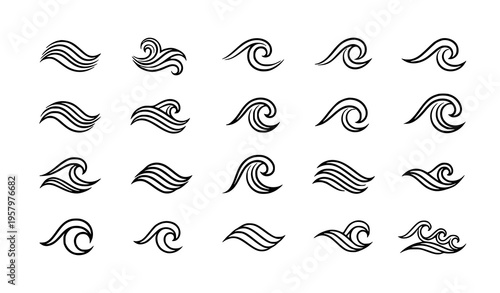 Stylized ocean wave vector set marine nautical wave icons collection minimal design isolated on white background