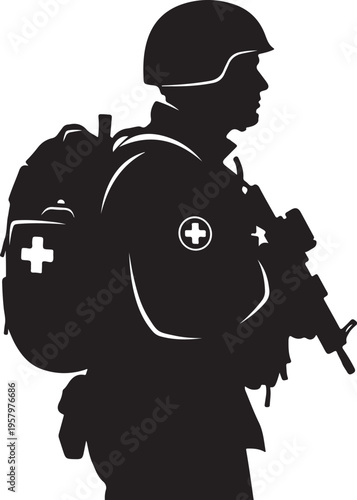 Vector silhouette of a medic soldier with backpack and rifle