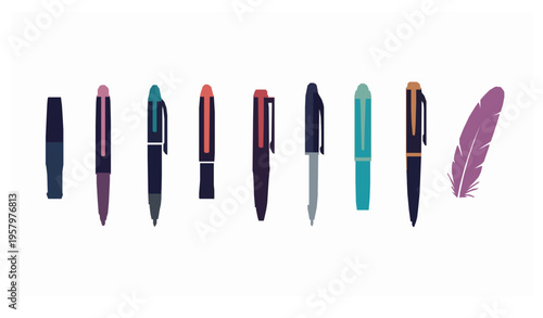 Modern writing tools lineup fountain pen ballpoint pen and quill stylized vector icons isolated on white