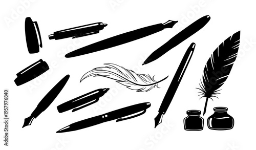 Creative writing instruments collection fountain pens ballpoint pens and quill scattered vector illustration isolated on white