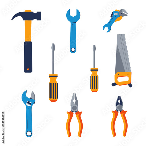 Collection of colorful hand tools on white background. Hammer, wrenches, screwdrivers, pliers, saw.