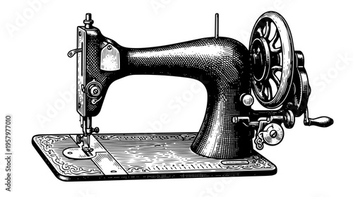 Vintage sewing machine vector engraving style on white isolated background for tailoring workshop branding design
