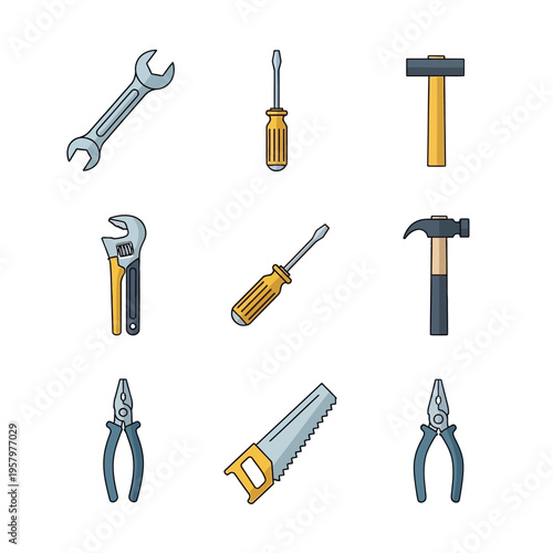 Collection of Hand Tools Icons: Wrench, Screwdriver, Hammer, Pliers, Saw