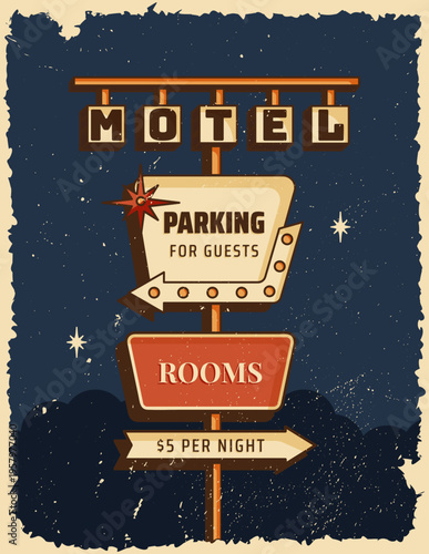 Retro roadside vertical poster classic American motel parking and rooms signboard with bold vintage typography and arrow. Vector illustration in midcentury 1950s style for print, wall art