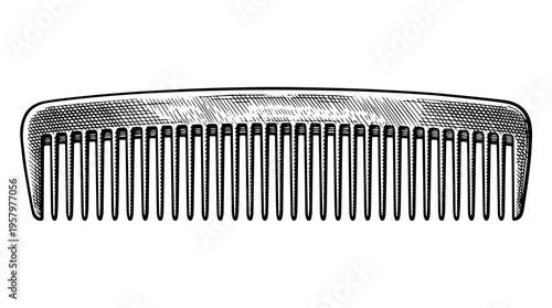 Straight comb hair tool vector engraving style on white isolated background for grooming accessory branding design