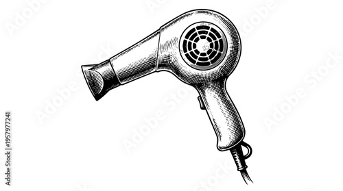 Hair dryer appliance vector engraving style on white isolated background for salon equipment branding design