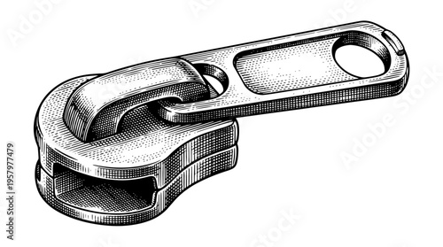 Zipper slider pull vector engraving style on white isolated background for garment hardware branding design