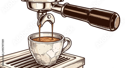 Illustration of espresso pouring into a coffee cup from machine