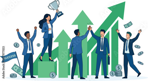 Business success and financial growth concept with team celebrating achievement, rising profits, career advancement, and teamwork in corporate environment