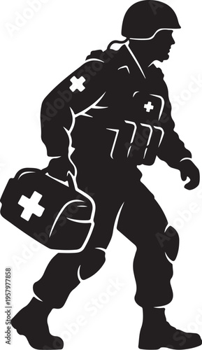Black silhouette of a medic soldier with first aid kit vector