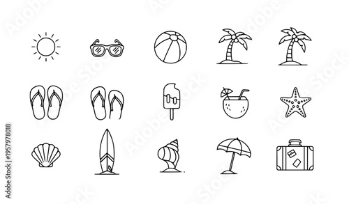 Summer holiday line icons set with beach vacation travel symbols editable outline vector collection