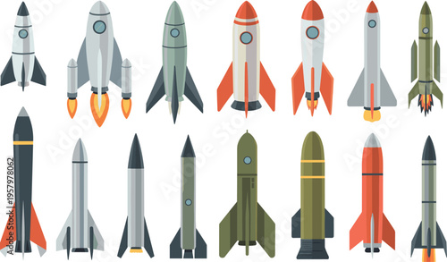 Cartoon rockets and missiles collection set, space launch vehicles and military rockets flat illustration isolated on light background