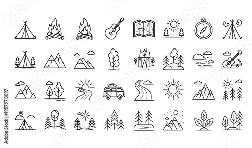 Summer adventure and camping line icons set with travel road trip symbols editable outline vector