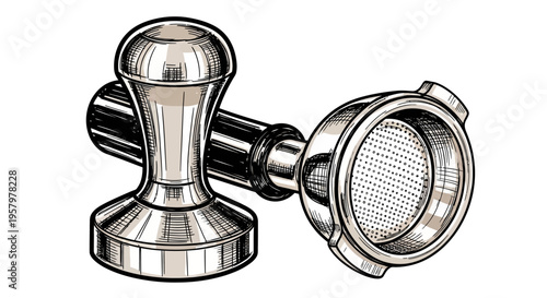 Silver espresso tamper and portafilter illustration