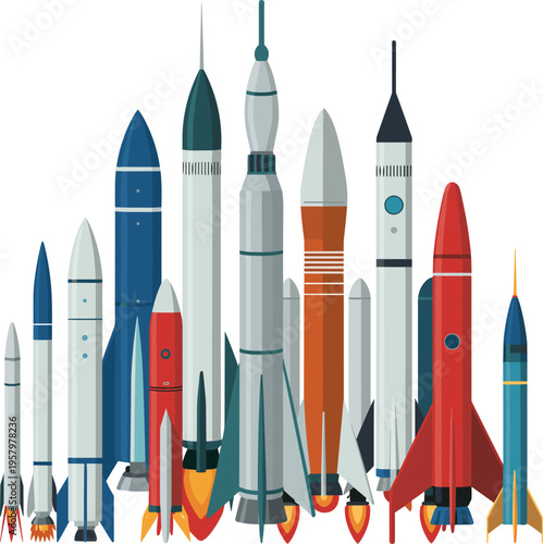 Collection of rockets and missiles set, space launch vehicles and military rocket icons, flat cartoon illustration isolated on background