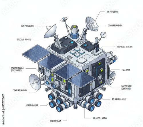 Detailed Illustration of a Futuristic Space Exploration Rover with Solar Panels and Advanced Scientific Instruments