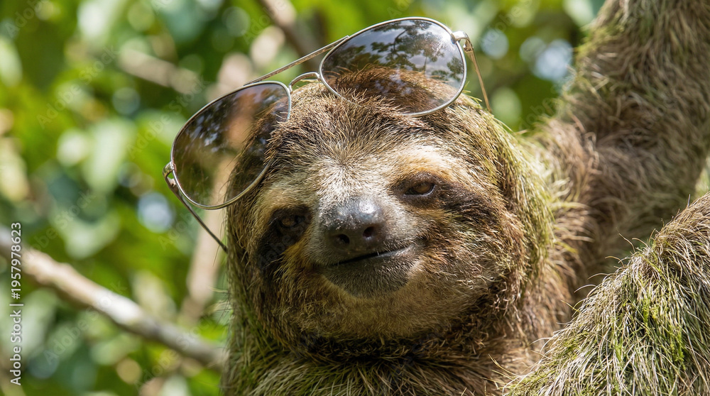 Obraz premium Cool Sloth Wearing Sunglasses In Tropical Jungle Vacation Summer Vibes