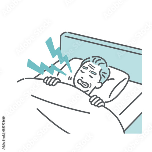 ベッドで歯ぎしり（食いしばり）をして眠るシニア男性のイラスト（睡眠障害・歯の摩耗）