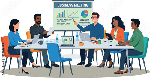 Diverse business team meeting discussing strategy, collaboration, and data analysis with charts presentation in modern office workspace environment