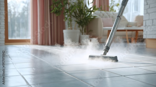 Wallpaper Mural A steam cleaner is actively sanitizing a tiled floor, showing visible steam in a well-lit indoor area. The process emphasizes cleanliness and hygiene in the living environment Torontodigital.ca