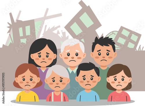 Group of sad people with destroyed city background, disaster survivors concept, community crisis and loss, emotional cartoon illustration isolated background