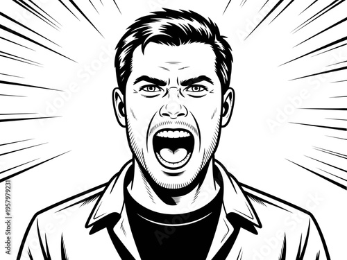 Stressed man screaming in intense comic book style illustration featuring bold black and white lines and dramatic action background effects