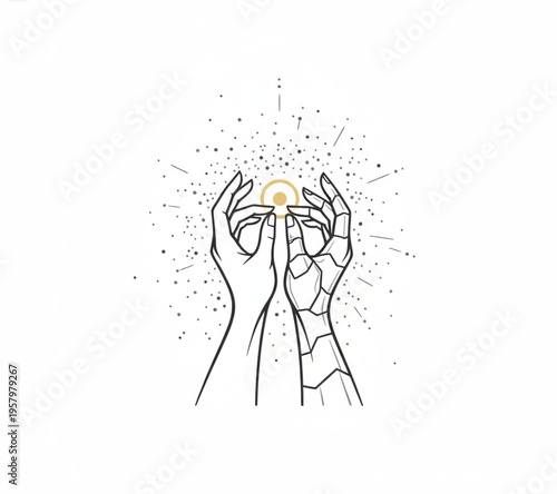 Line art depicting human and robotic hands holding a glowing orb, a symbol of harmonious integration between nature and technology, radiating future and innovation