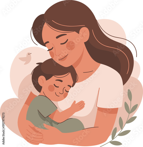 Mother hugging child with love and care, family bonding moment, parent and kid affection concept, warm emotional cartoon illustration isolated