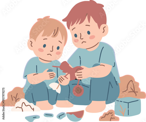 Sad children holding broken toy pieces, poverty and loss concept, emotional distress and childhood hardship, cartoon illustration isolated on background