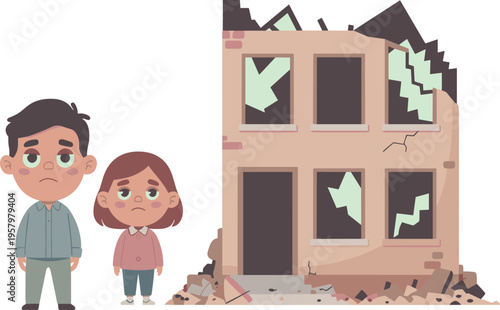 Sad children standing near damaged house, disaster aftermath concept, poverty and crisis scene, emotional cartoon illustration isolated on light background