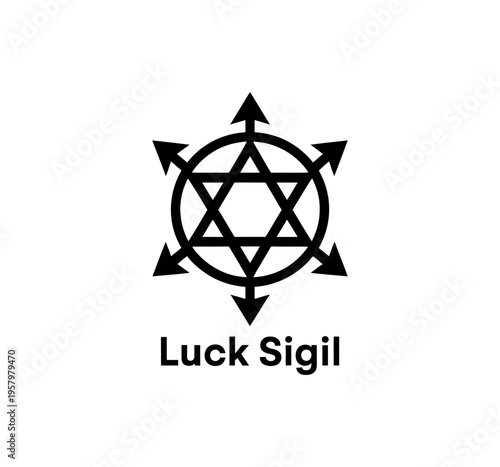 Minimalist black vector graphic featuring a sacred luck sigil symbol featuring a hexagram inside a circle with outward pointing arrows