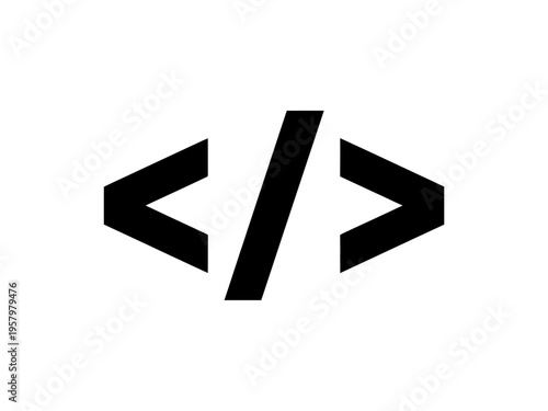 Minimalist black coding symbol representing software development programming language syntax and web application design concepts on white background