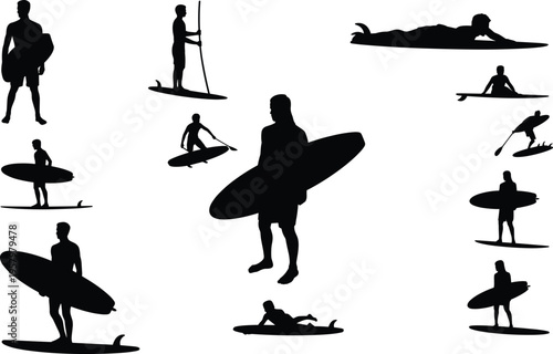 Surfer silhouettes set with people carrying surfboards paddling and riding waves, water sport activity collection isolated vector illustration