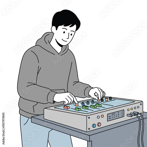 Young man adjusting audio mixer controls, representing music production in flat vector illustration style with minimal design.