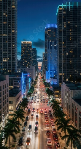 Vibrant Cityscape With Palm Trees And Traffic At Dusk