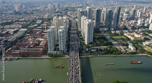 Vibrant Cityscape With River And Elevated Highway Scene