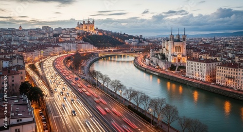 Vibrant Cityscape With River And Highway At Dusk