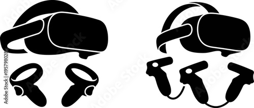 Black and white vector icon set showing two different styles of virtual reality headsets and tools