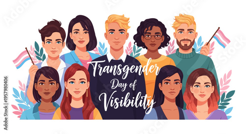 Illustration of diverse people celebrating Transgender Day of Visibility with pride flags and colorful leaves on a white background, promoting equality and inclusion.