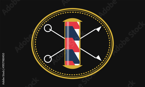 A circular logo design featuring a classic barber pole crossed with scissors on a black background