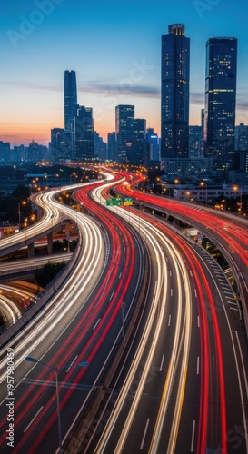 Vibrant Cityscape With Streaking Light Trails At Dusk Highway Motion Blur