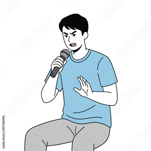Young man speaking angrily into microphone, expressing strong emotion in flat vector illustration style with clean minimal design.