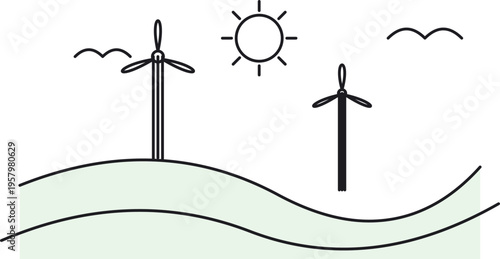 A minimalist line art illustration depicting a sustainable landscape with wind turbines and a sun