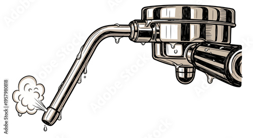 Vintage style steam pipe illustration with smoke and water droplets