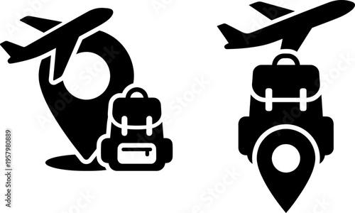 A set of two black vector icons featuring airplanes combined with map pins and travel backpacks