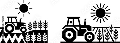 Two black and white vector icons showing tractors working in agricultural fields under the sun